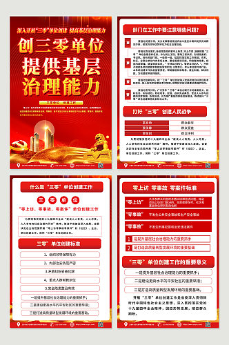 红色喜庆创建三零单位内容宣传四件套海报