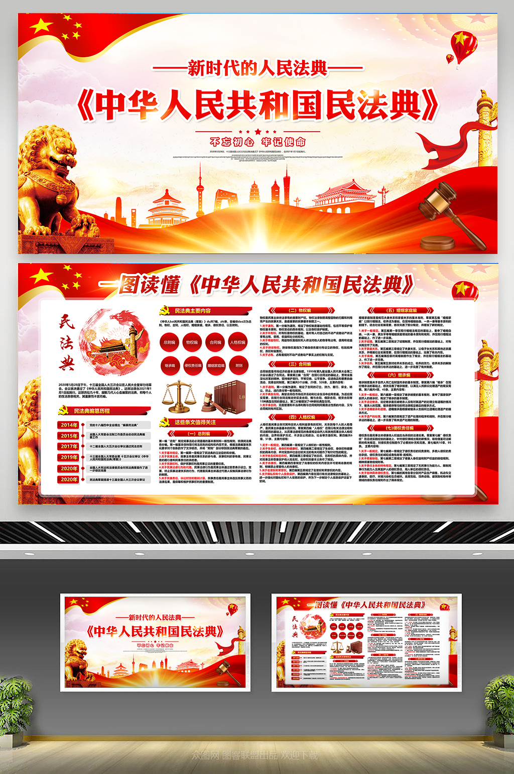 一图看懂中华人民共和国民法典 解读民法典宣传古典党建展板素材