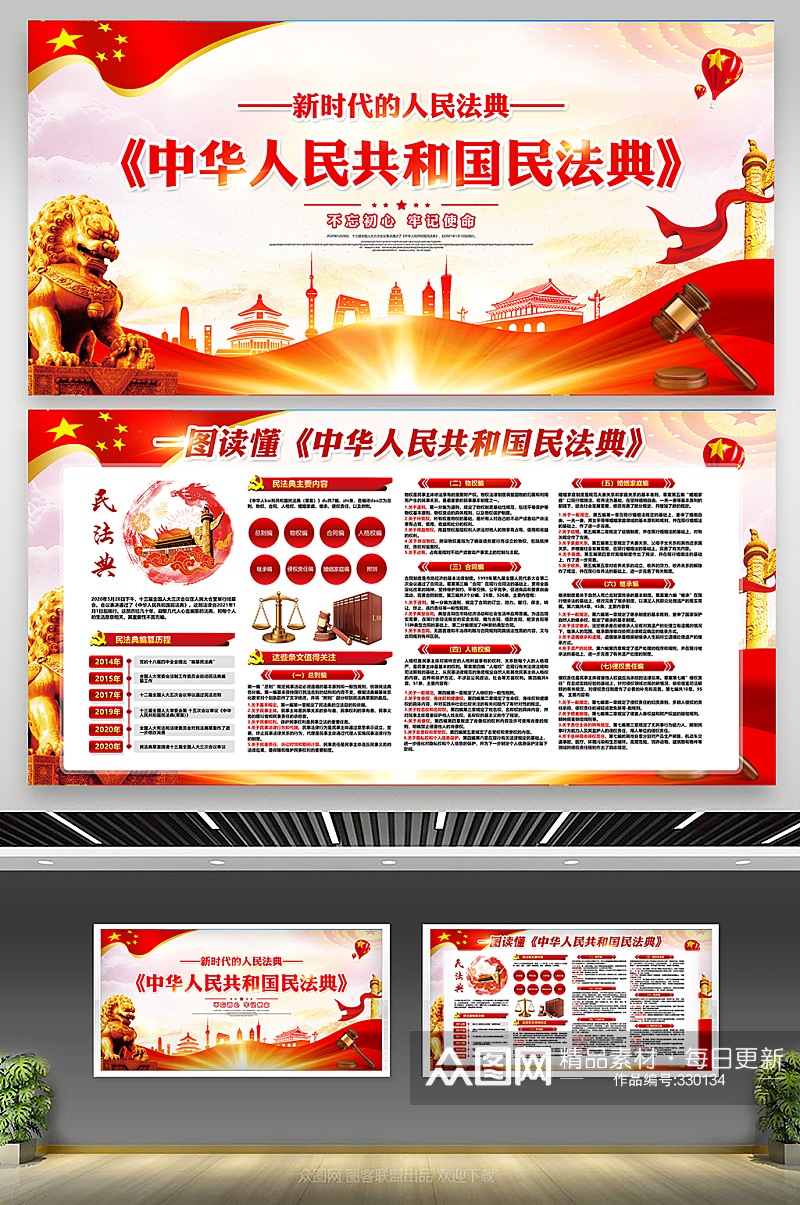一图看懂中华人民共和国民法典 解读民法典宣传古典党建展板素材