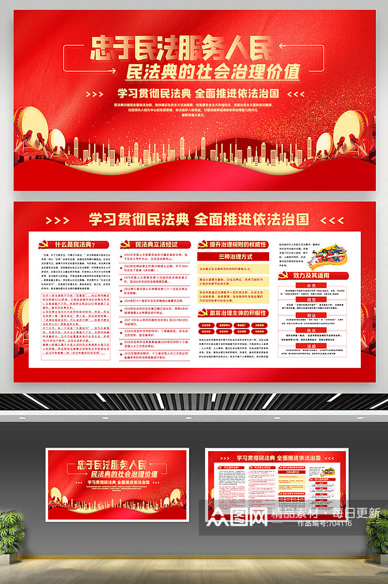 一图看懂中华人民共和国民法典 红色城市大气民法典解读展板二件套素材