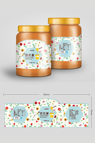 百花蜂蜜包装罐贴纸包装设计
