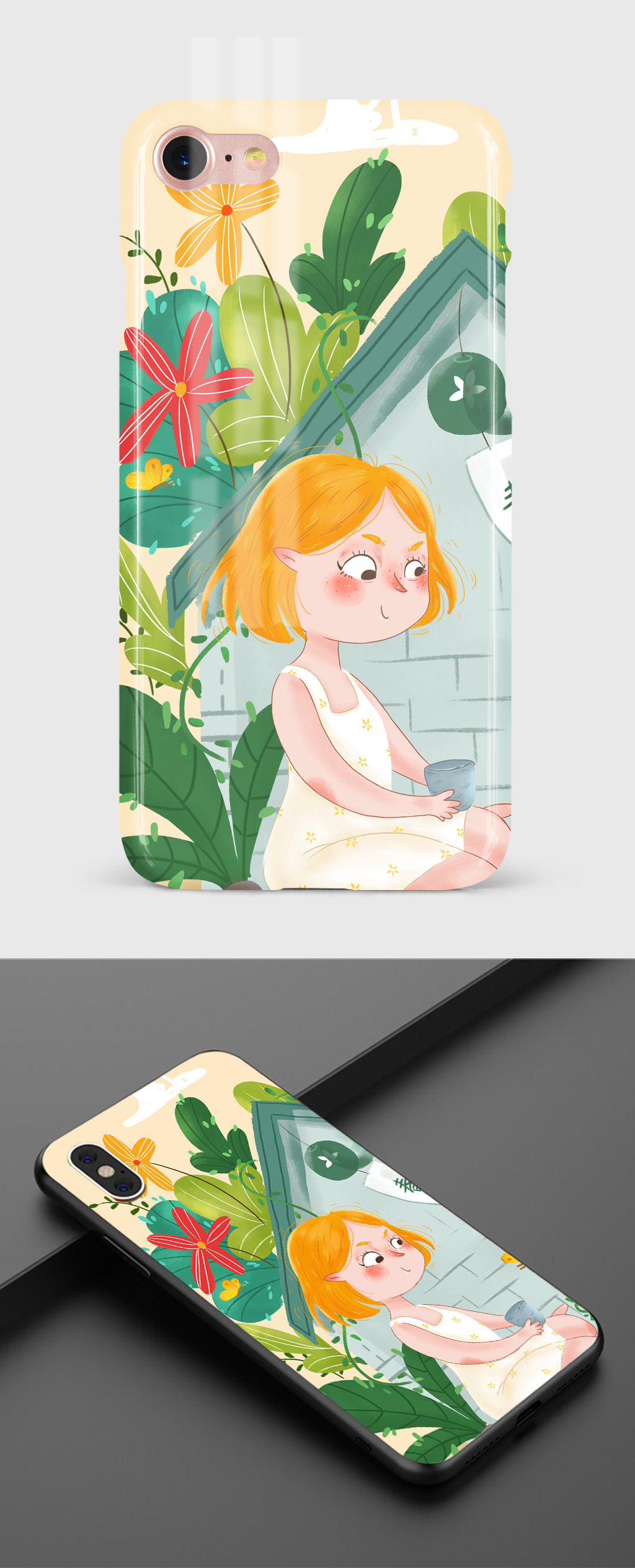 手绘女孩插画风手机壳素材