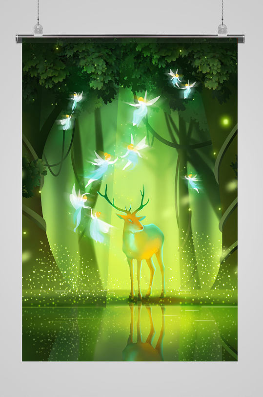 绿色大气麋鹿梦幻插画-众图网