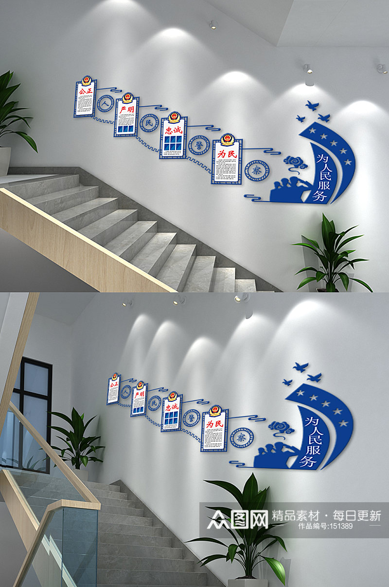蓝色警察楼梯文化墙素材