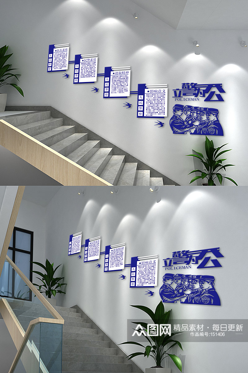 蓝色立警为公楼梯文化墙素材