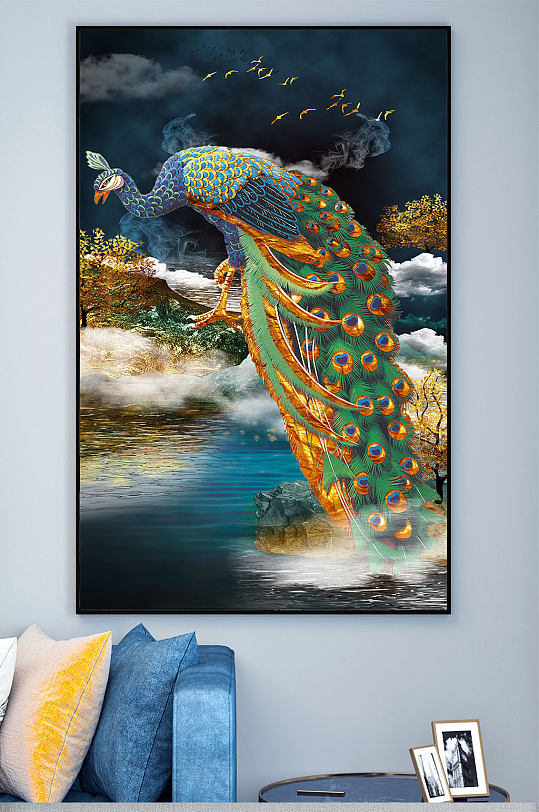 蓝色大气孔雀装饰画