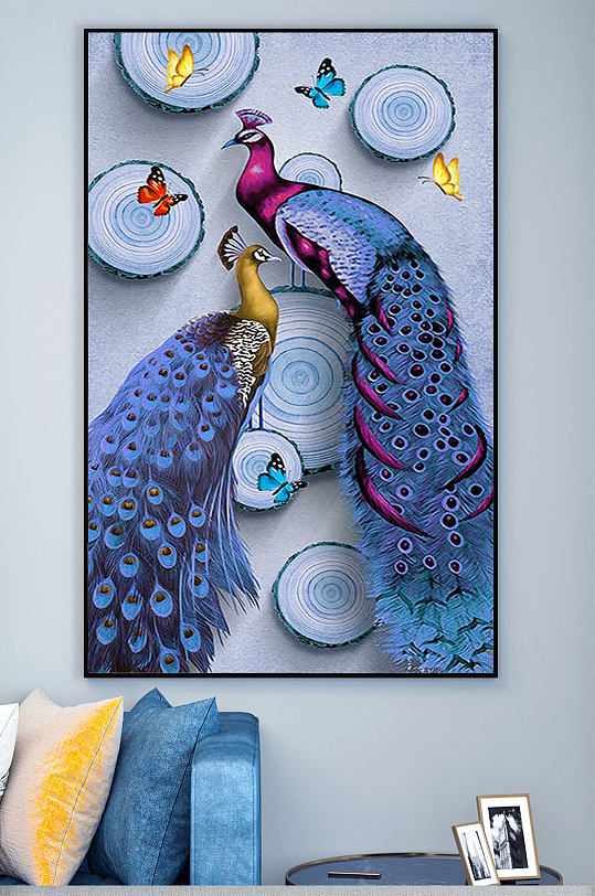 蓝色孔雀蝴蝶装饰画