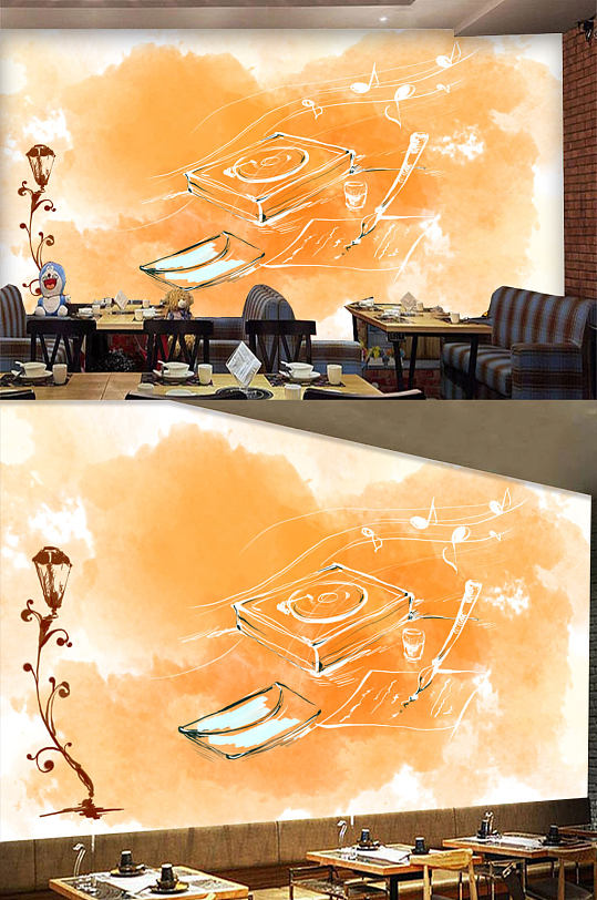 手绘小船儿童背景墙-众图网