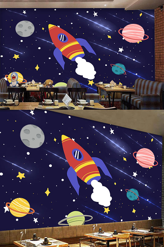 卡通宇宙火箭背景墙-众图网