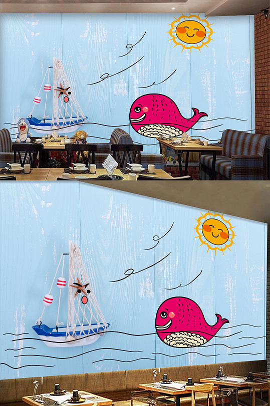 卡通鲸鱼工装背景墙-众图网