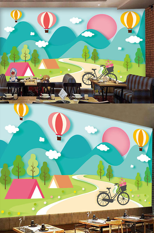 插画乡村热气球背景墙