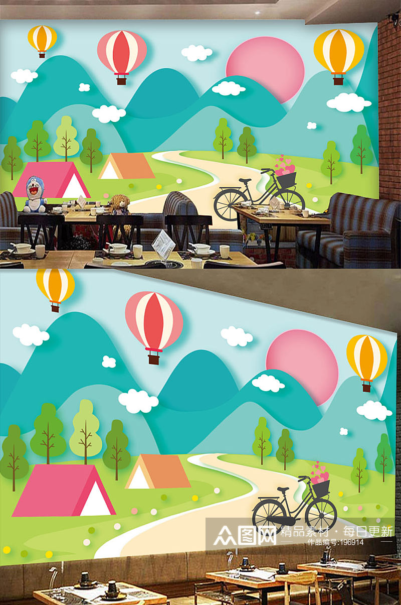 插画乡村热气球背景墙素材
