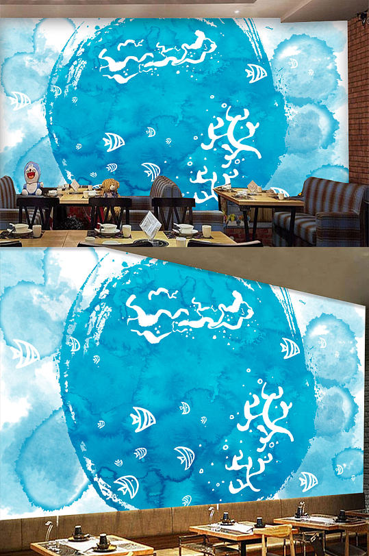 蓝色彩绘卡通背景墙-众图网