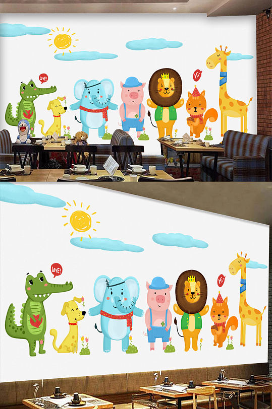 幼儿园卡通动物儿童背景墙 墙绘图案