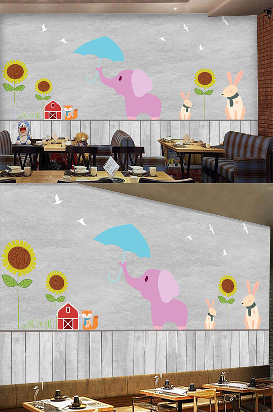 卡通小象儿童背景墙-众图网