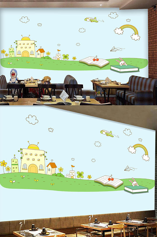 插画风景儿童背景墙-众图网