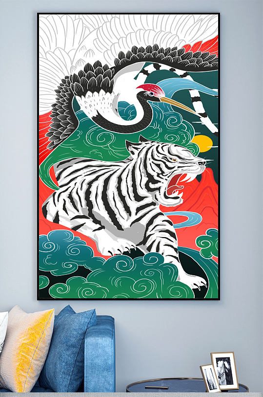 插画虎鹤双行装饰画