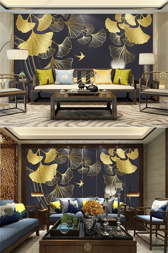 金色大气银杏叶背景墙