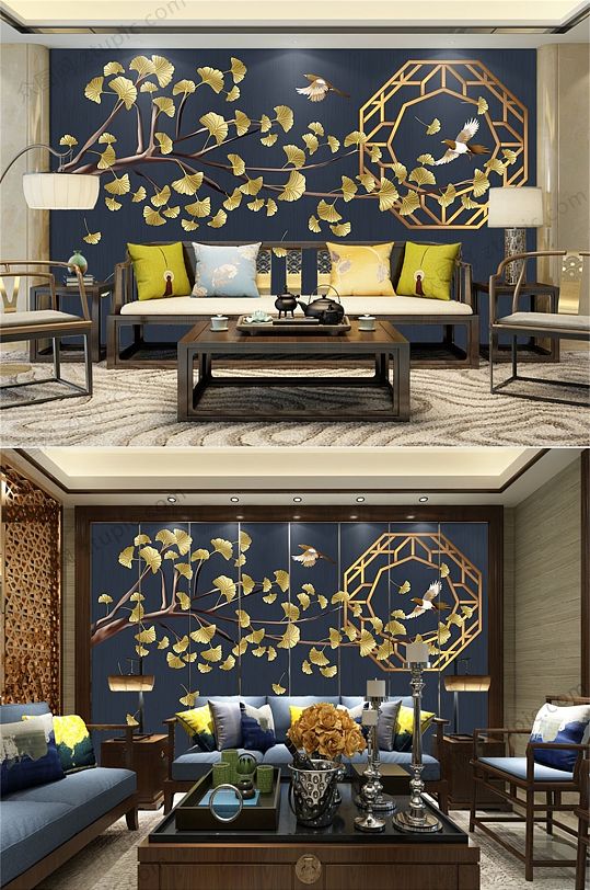 中式金色花鳥背景墻