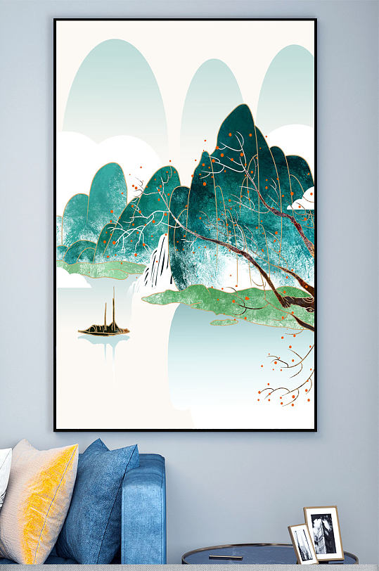 中式插画山川河流装饰画