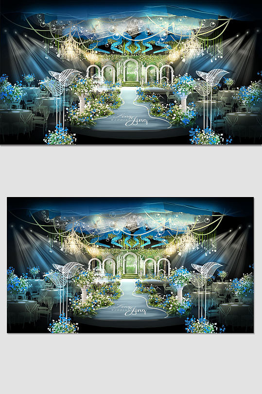 蓝色大气婚礼布置效果图-众图网