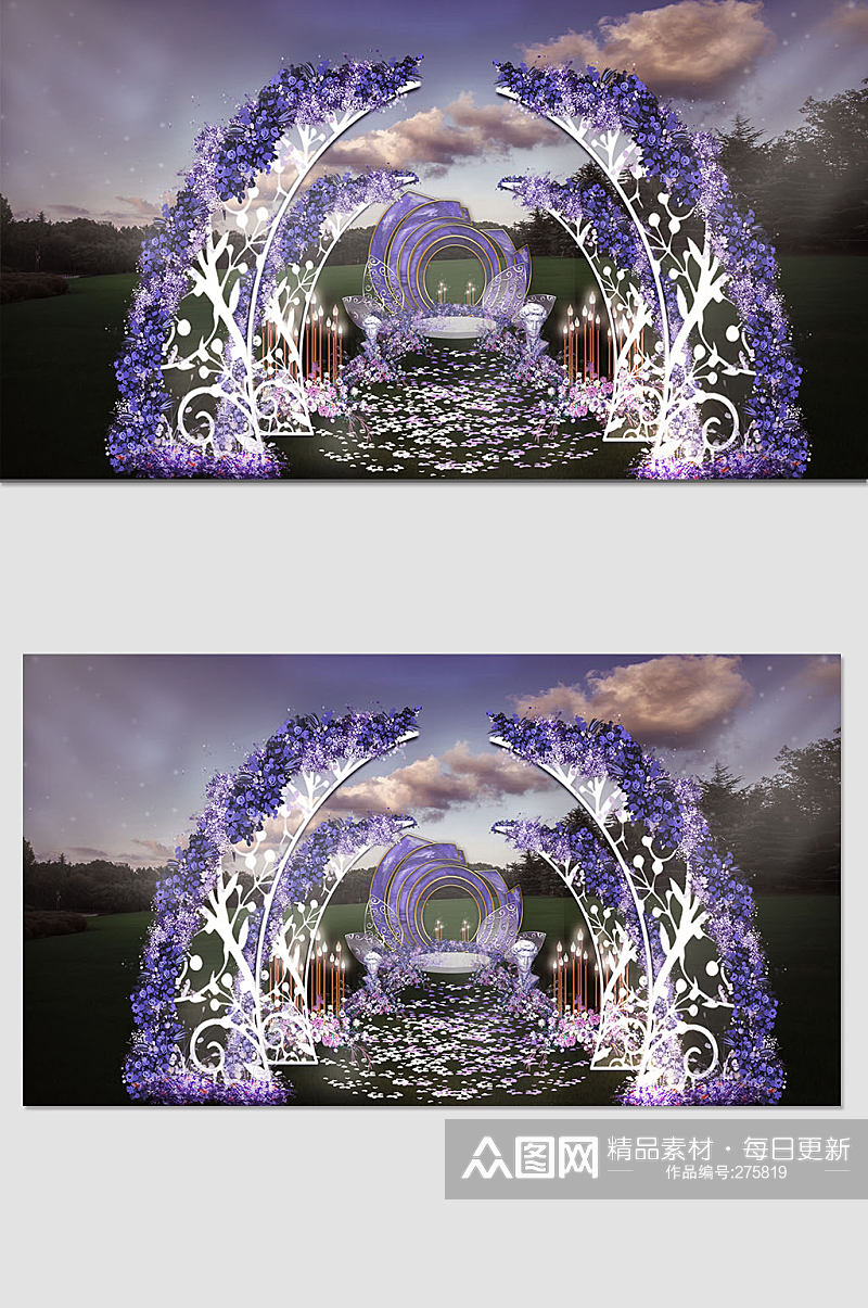 紫色花朵浪漫农村草坪户外婚礼布置效果图素材