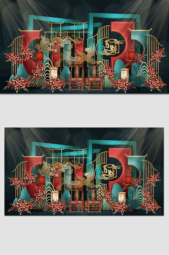 寿宴 红色绿色大气江南风中国风中式国潮风婚礼布置效果图-众图网