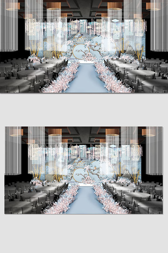 江南风中国风粉蓝色大气舞台婚礼布置效果图-众图网