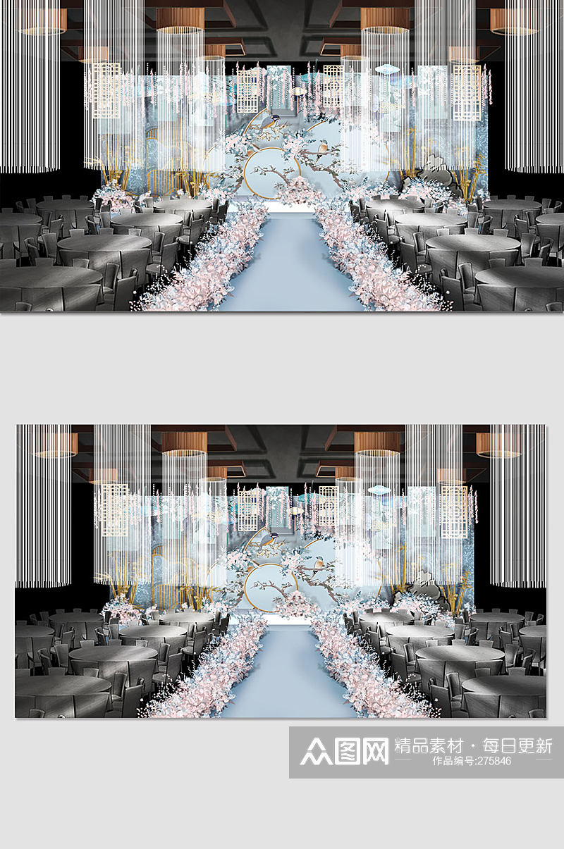 江南风中国风粉蓝色大气舞台婚礼布置效果图素材