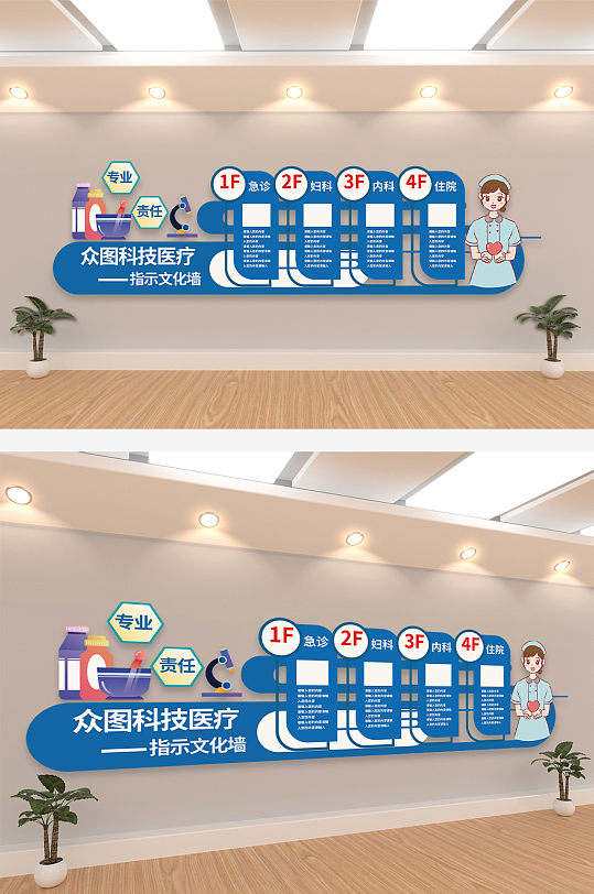 蓝色卡通医疗指示医院科室文化墙