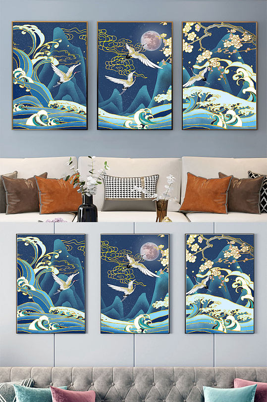 中国风海浪仙鹤三联画-众图网