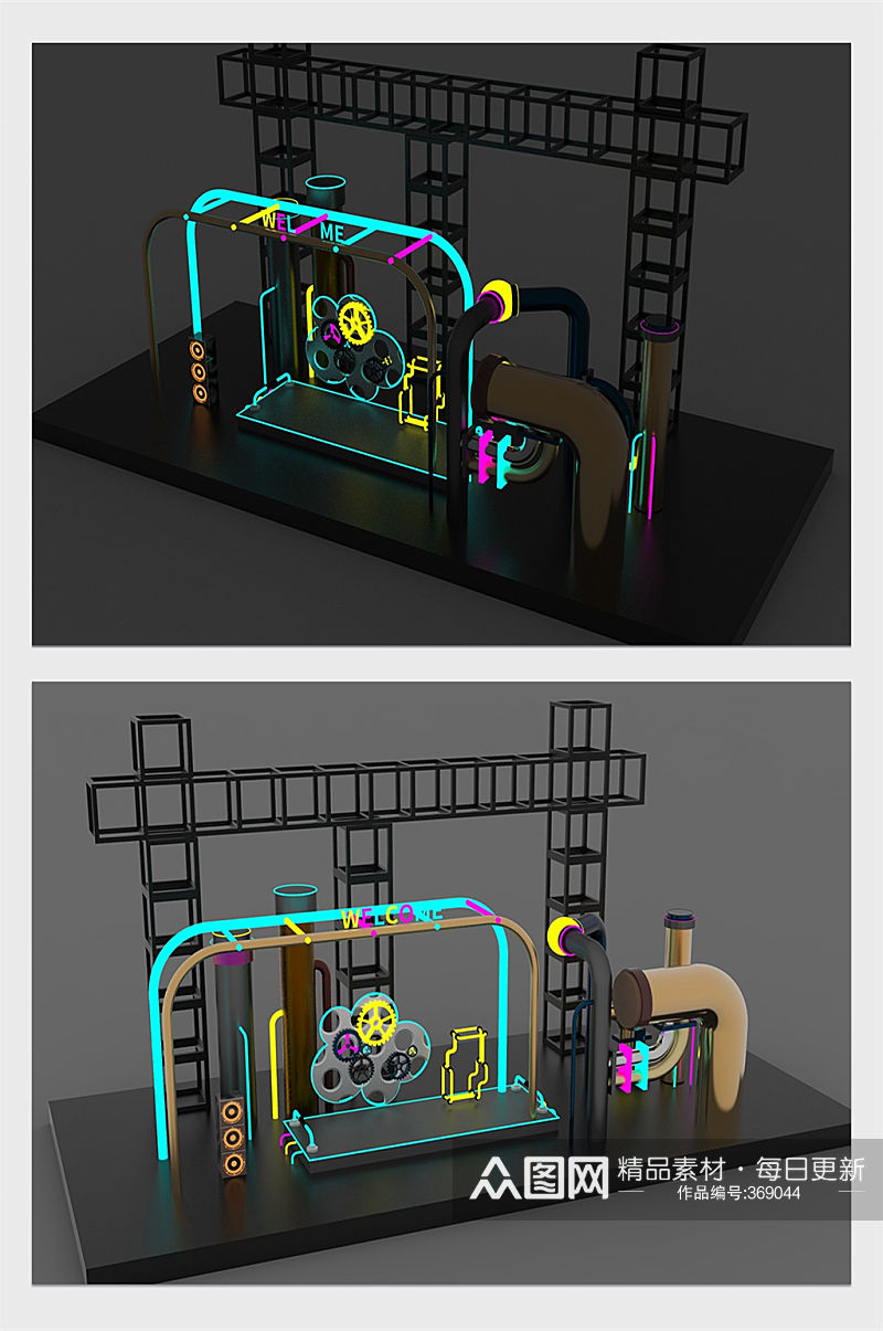 时尚霓虹灯舞台场景3D商业商场美陈景观设计 亮化造型素材