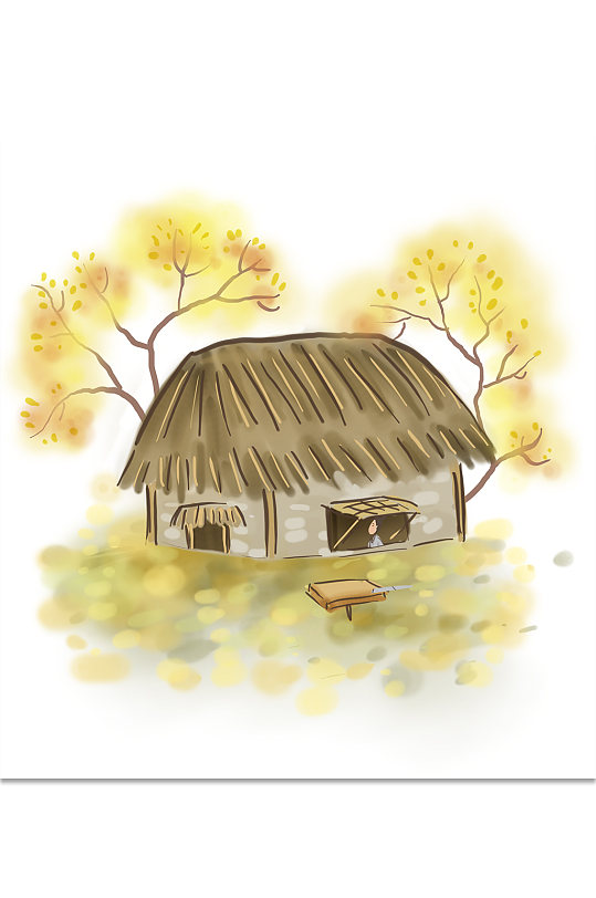 秋季茅草屋手绘素材