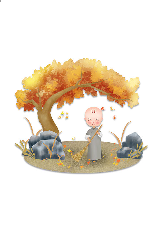 秋季扫落叶的小和尚