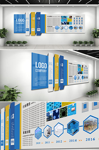蓝色企业发展历程文化墙与优秀员工形象墙