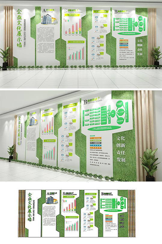 创意绿色木质简约企业简介发展流程文化墙