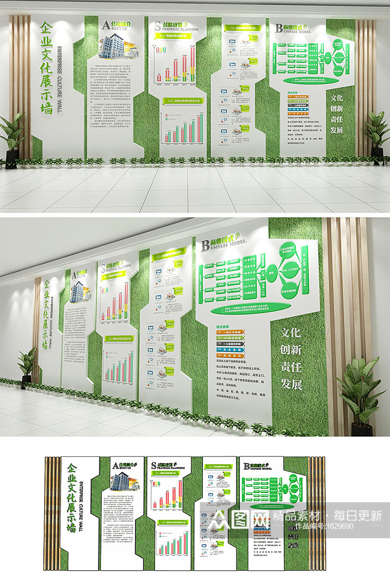 创意绿色木质简约企业简介发展流程文化墙素材