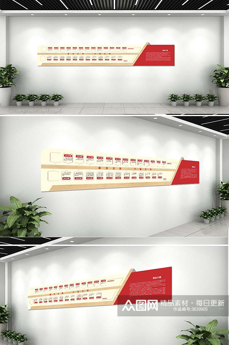清新风格红色物业发展历程文化墙素材