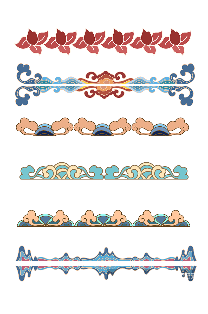中国风国潮风祥云纹浪花纹底部花边素材