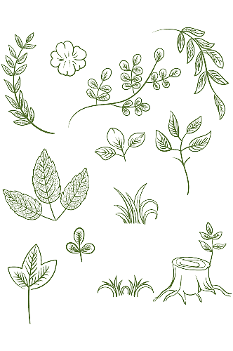 手绘绿色植物叶子线稿底纹