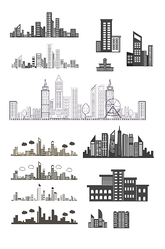 现代城市高楼大厦建筑线稿剪影