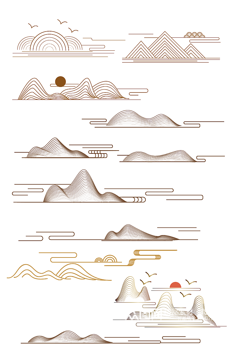 新中式线性山纹祥云纹元素素材