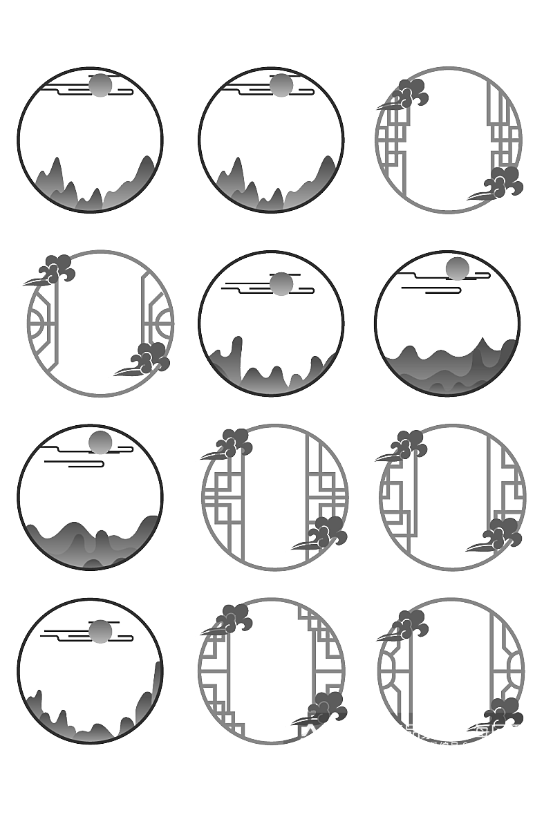 中国风古典水墨山纹云纹文化墙雕刻边框素材