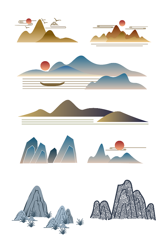 新中式渐变水墨山纹云纹中式山峰-众图网