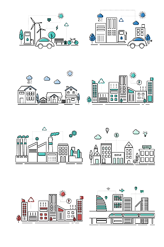 现代城市建筑房子线稿剪影