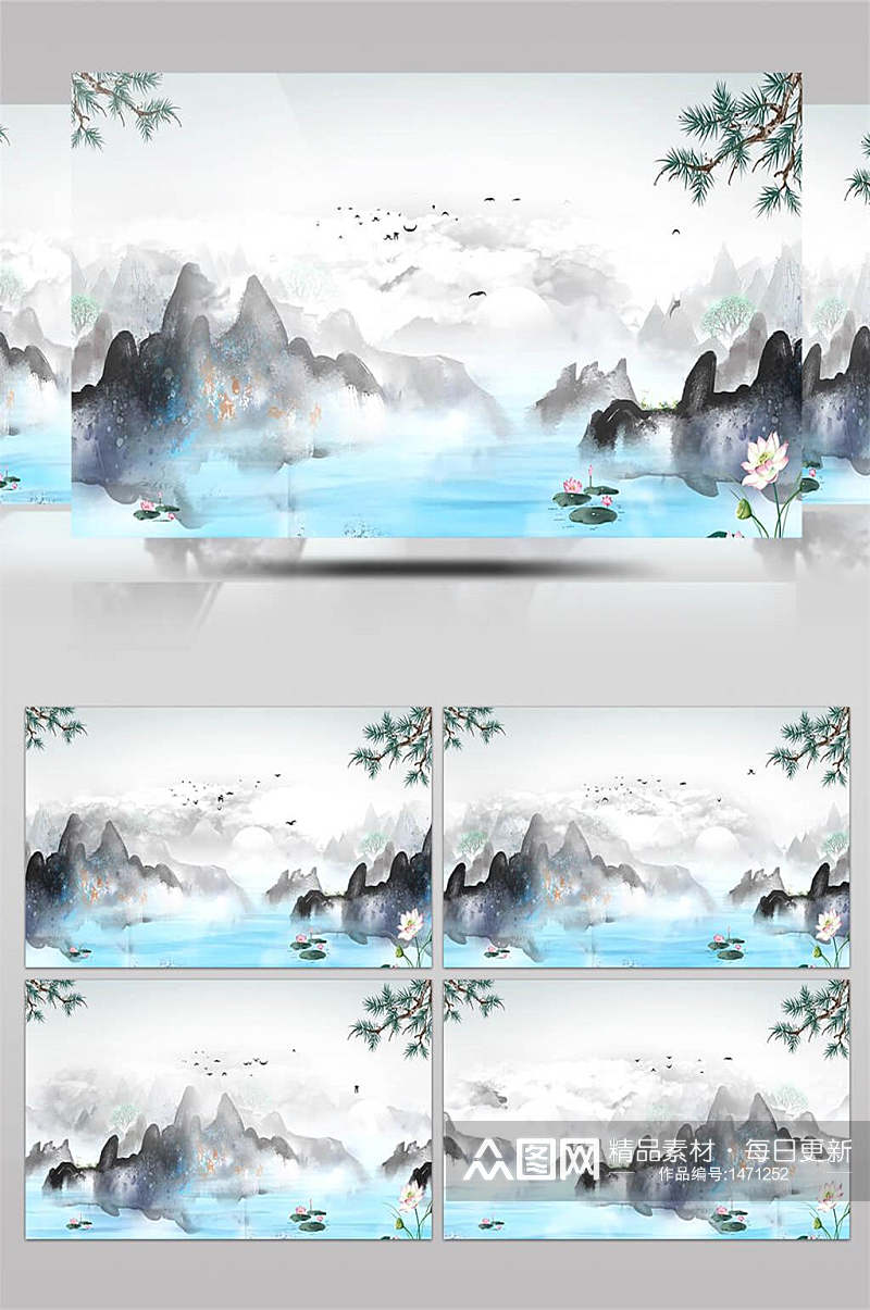 中国风水墨古典淡雅山水意境荷塘动态背景素材