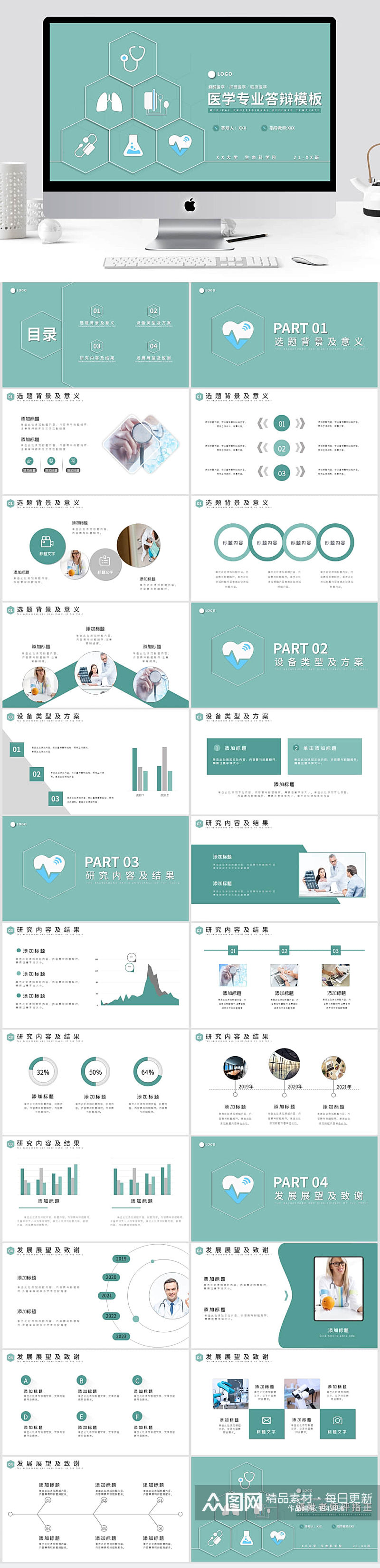 浅色简约风医学类毕业答辩学术PPT模板素材