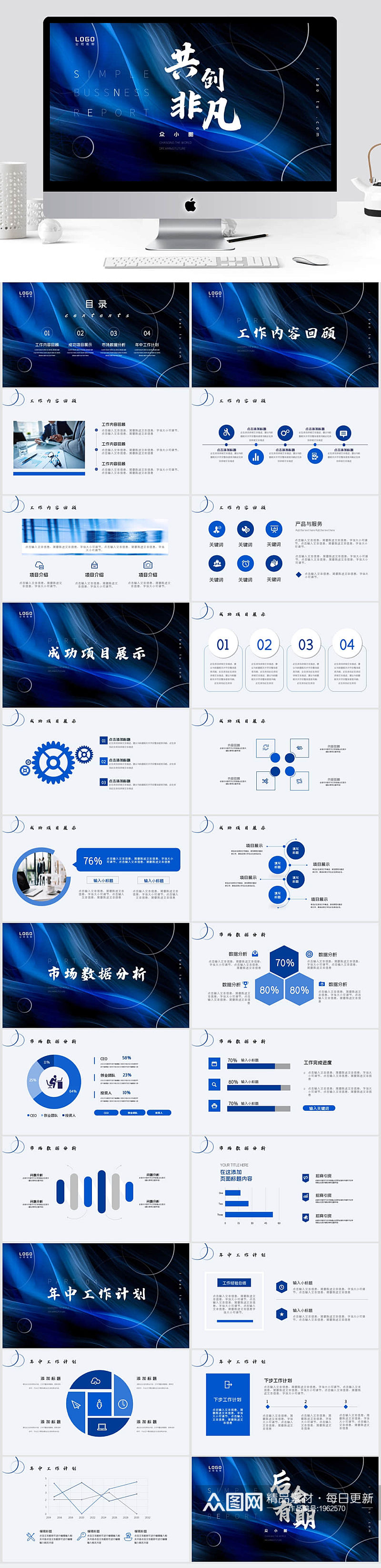 蓝色高端简约商务汇报PPT模板素材