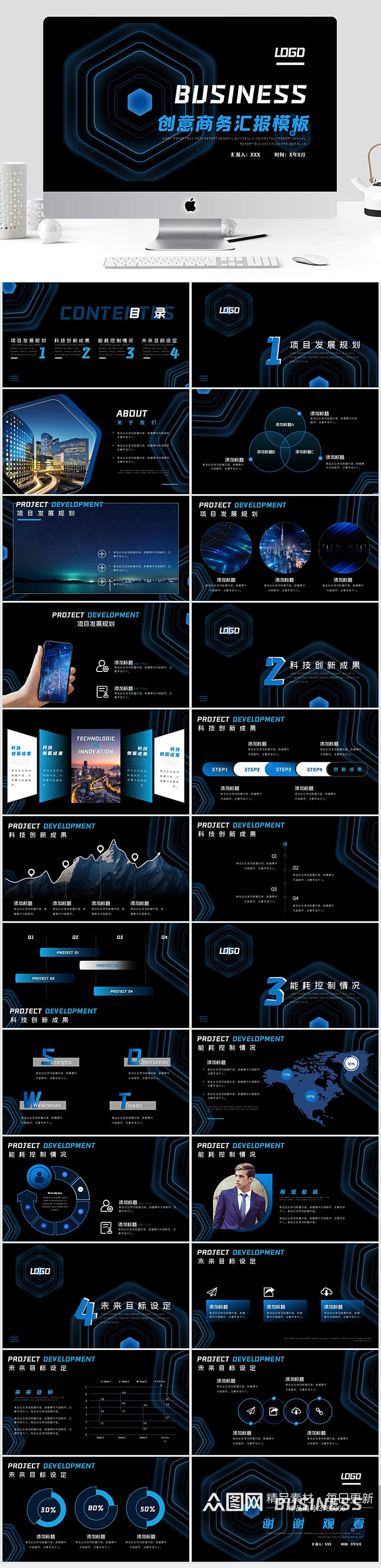 深色创意风科技类企业工作汇报PPT模板素材