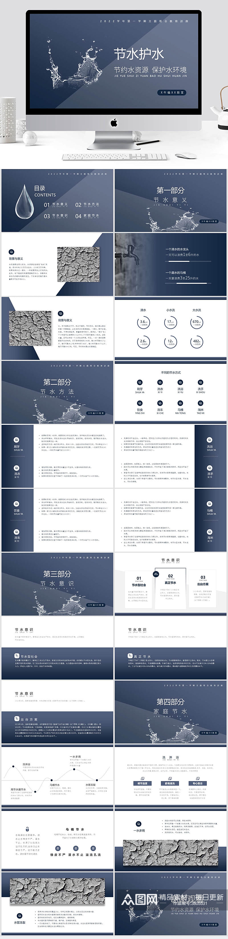 蓝色渐变水滴节约水资源教育主题班会PPT素材